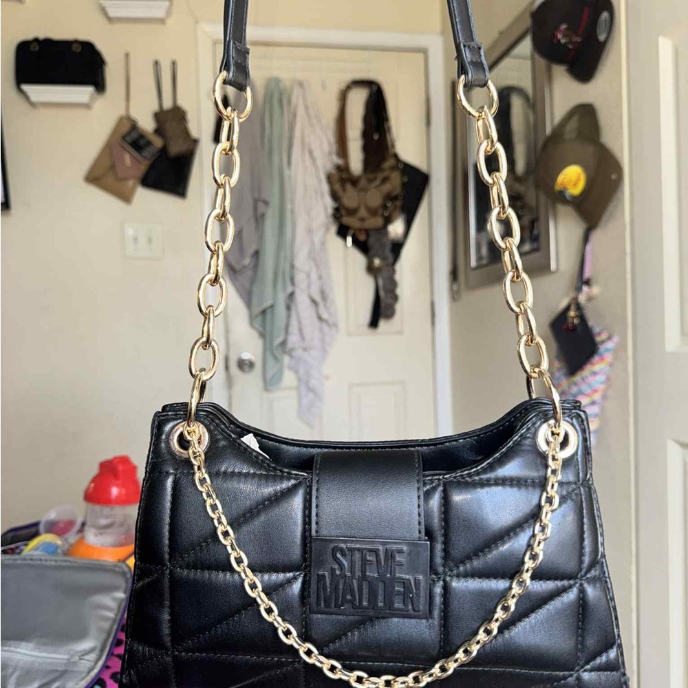 Steve Madden Black Quilted Shoulder Bag with Gold Chain
